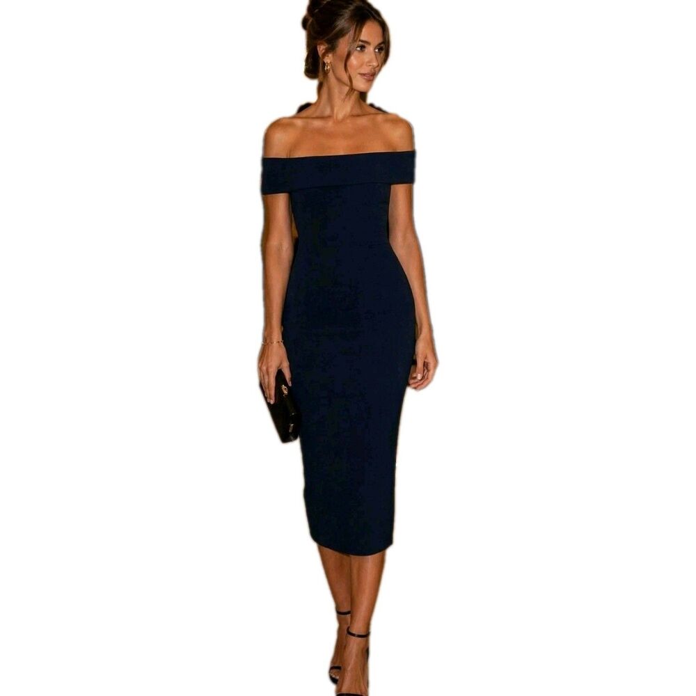 Karol Richardson Navy Off Shoulder Midi Dress S Bodycon Cocktail Wedding Guest